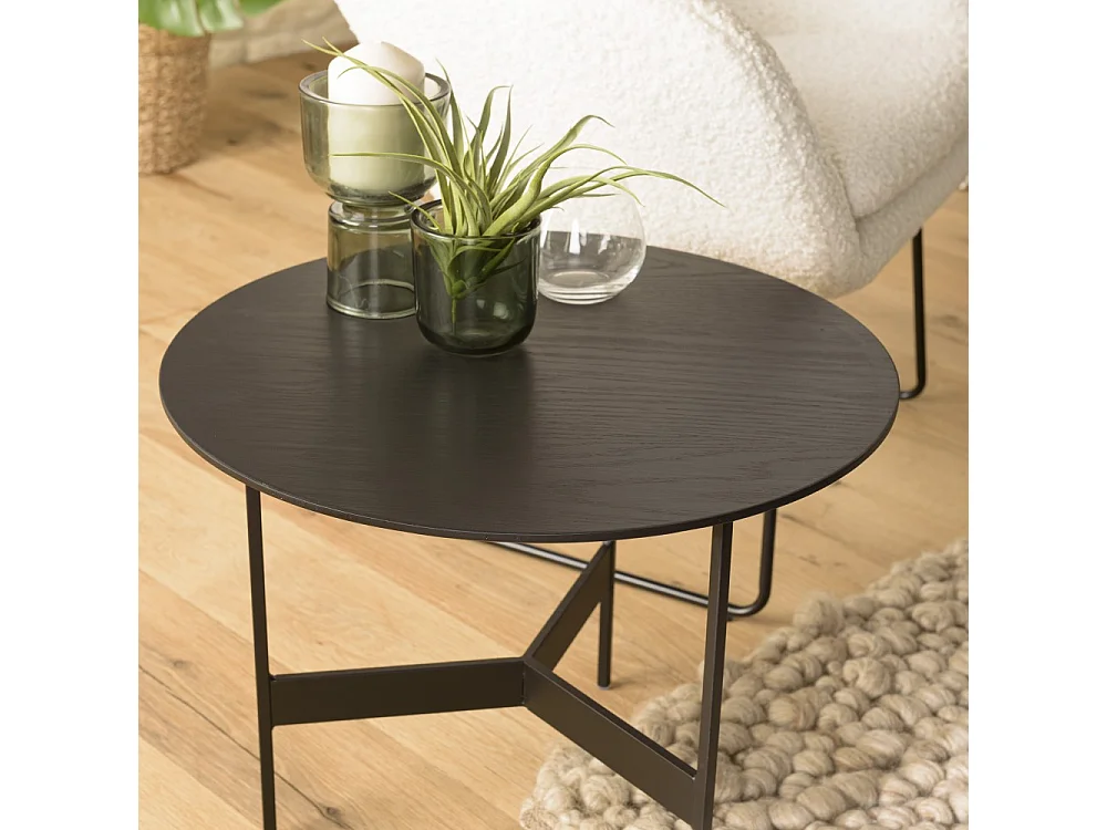 DALY - Table basse en bois ronde noire 50x50cm piètement métal