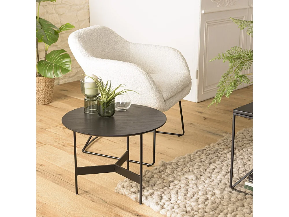 DALY - Table basse en bois ronde noire 50x50cm piètement métal