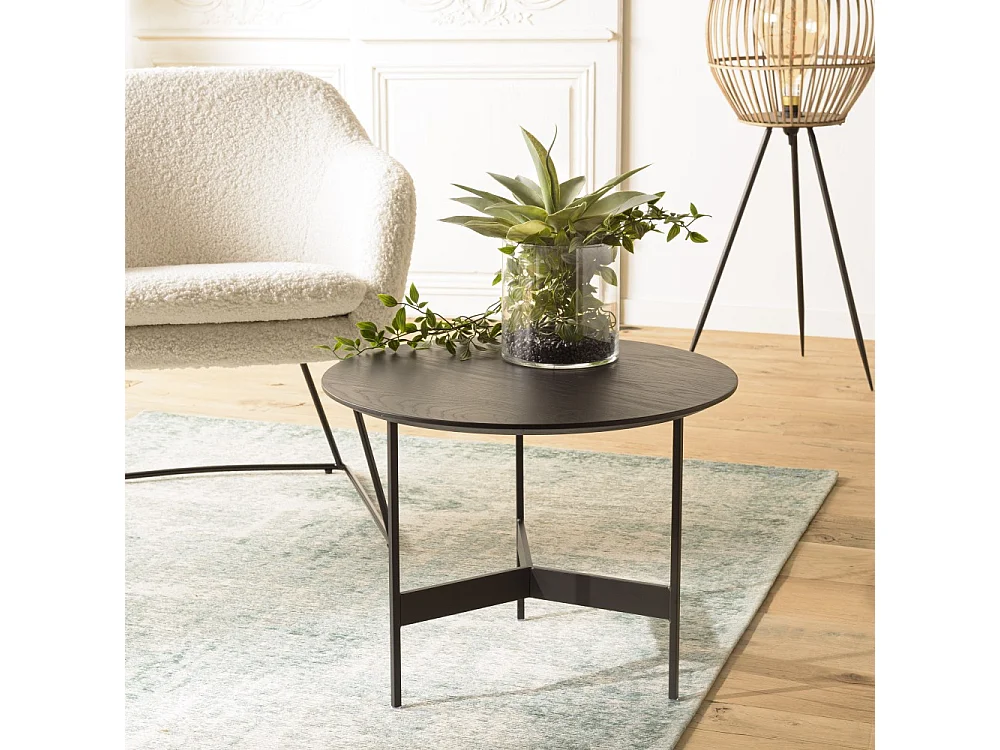 DALY - Table basse en bois ronde noire 50x50cm piètement métal