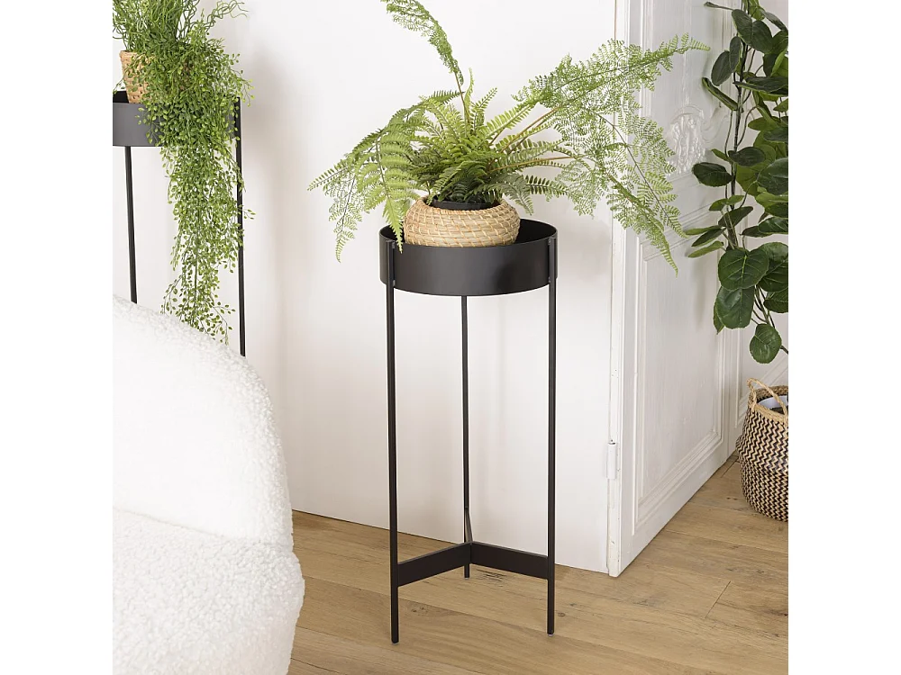 DALY - Selette en bois ronde / porte plantes MM noire piètement métal