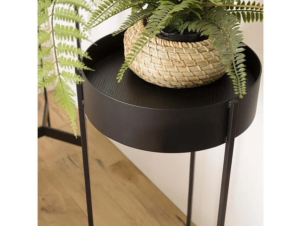 DALY - Selette en bois ronde / porte plantes MM noire piètement métal