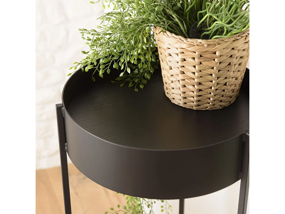 DALY - Sellette en bois ronde / porte plantes GM noire piètement métal