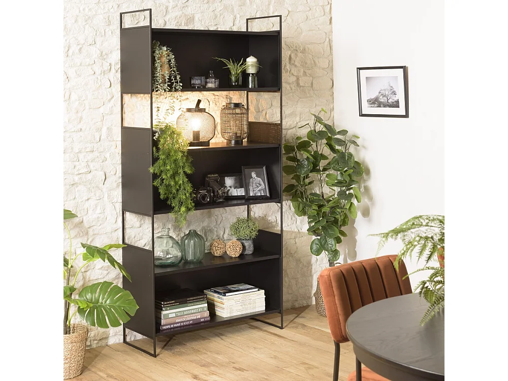 DALY - Étagère en bois 5 niches 5 niveaux noire piètement métal