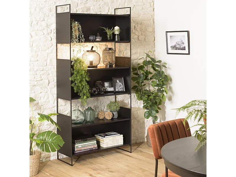 DALY - Étagère en bois 5 niches 5 niveaux noire piètement métal