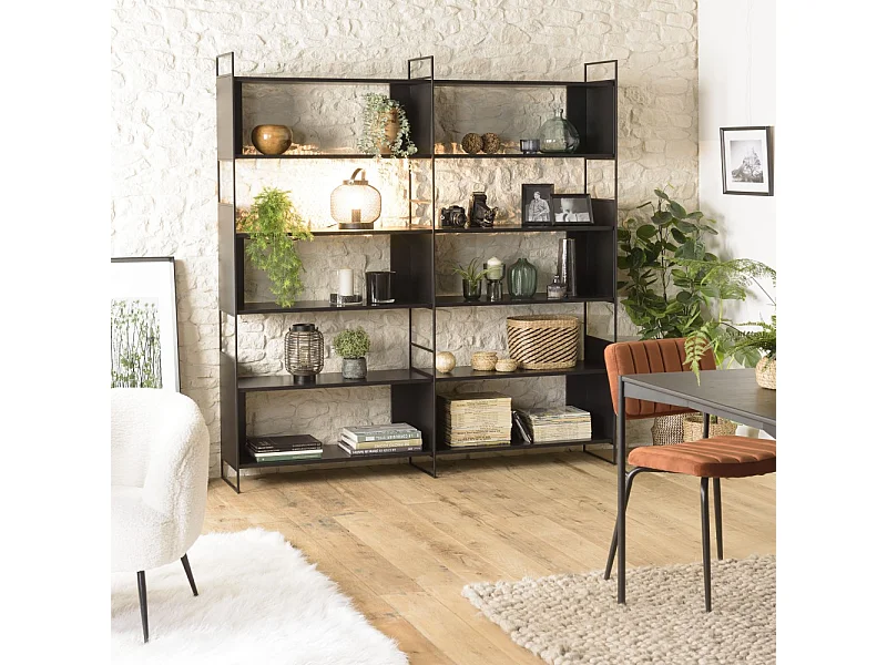 DALY - Étagère en bois 10 niches 5 niveaux noire piètement métal