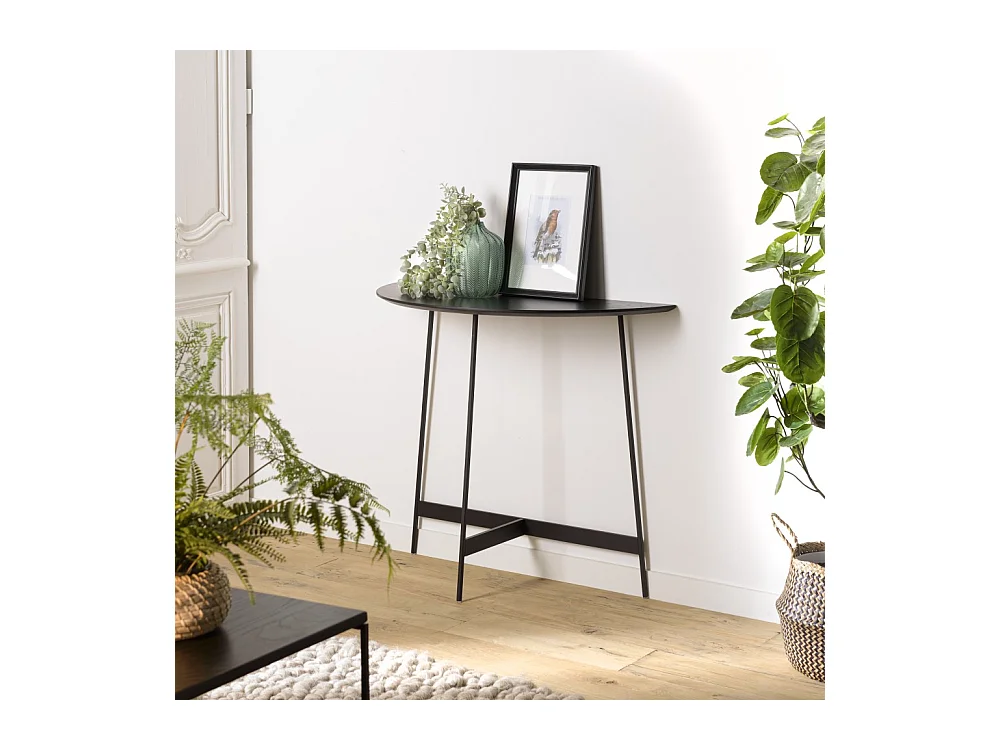 DALY - Console demi-lune en bois noire 83x35cm piètement métal