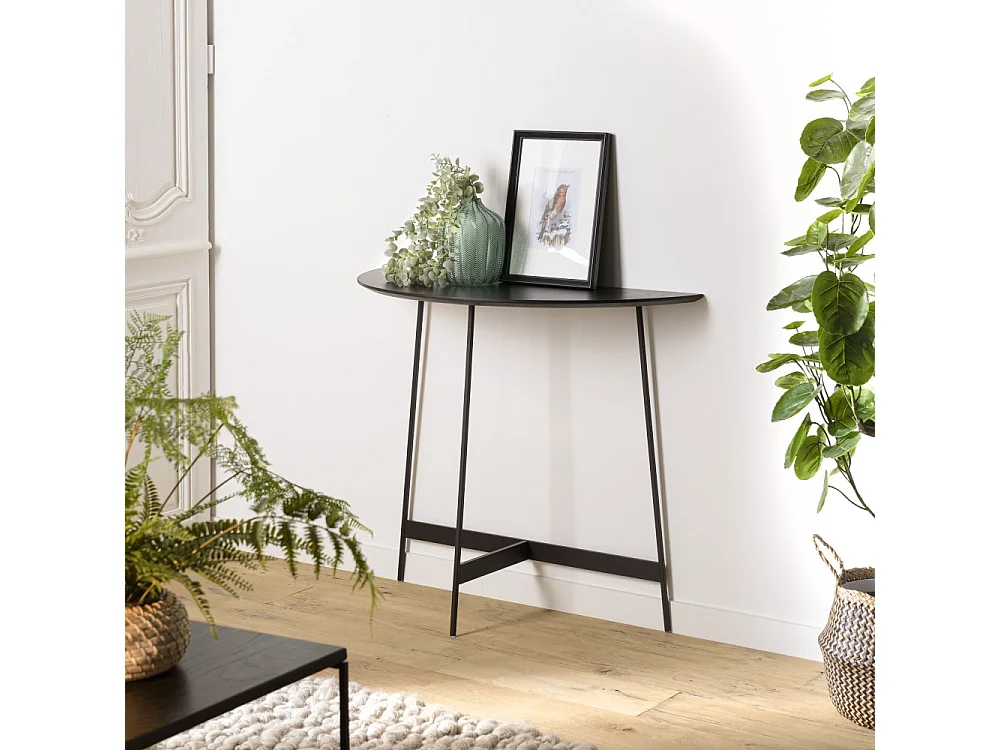 DALY - Console demi-lune en bois noire 83x35cm piètement métal