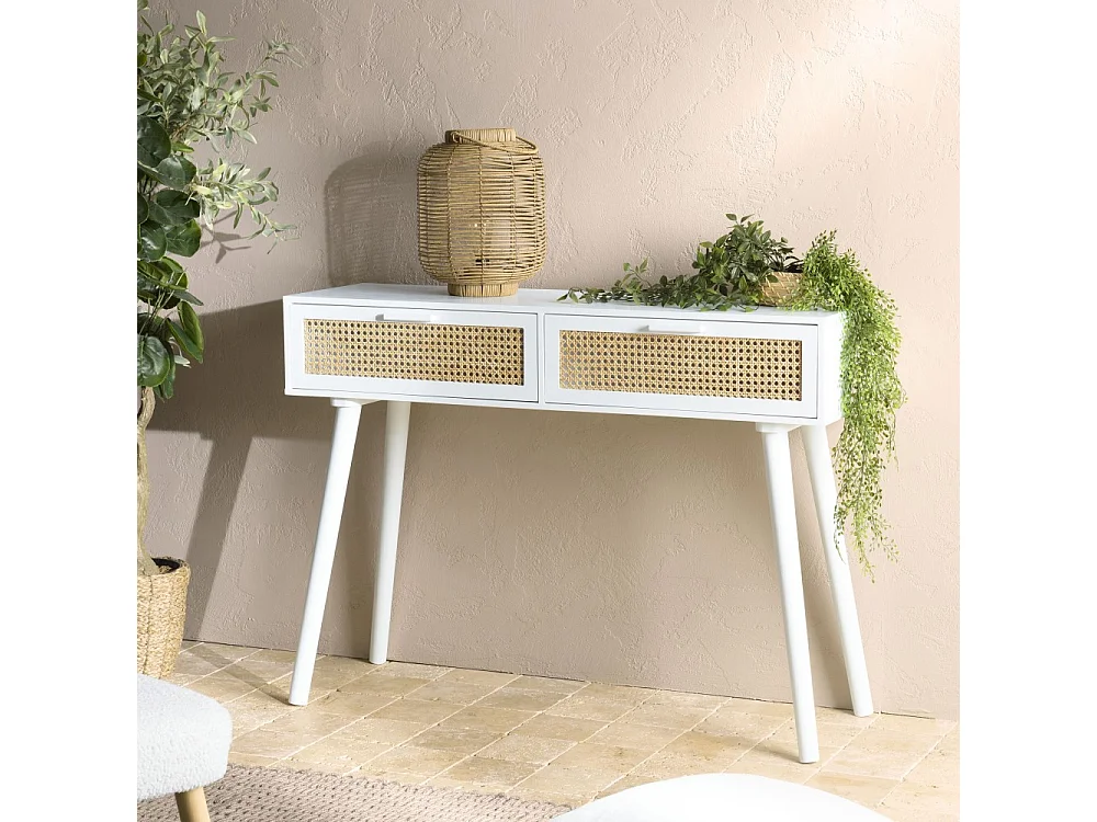 SANDRO - Console blanche 2 tiroirs cannage naturel et bois blanc