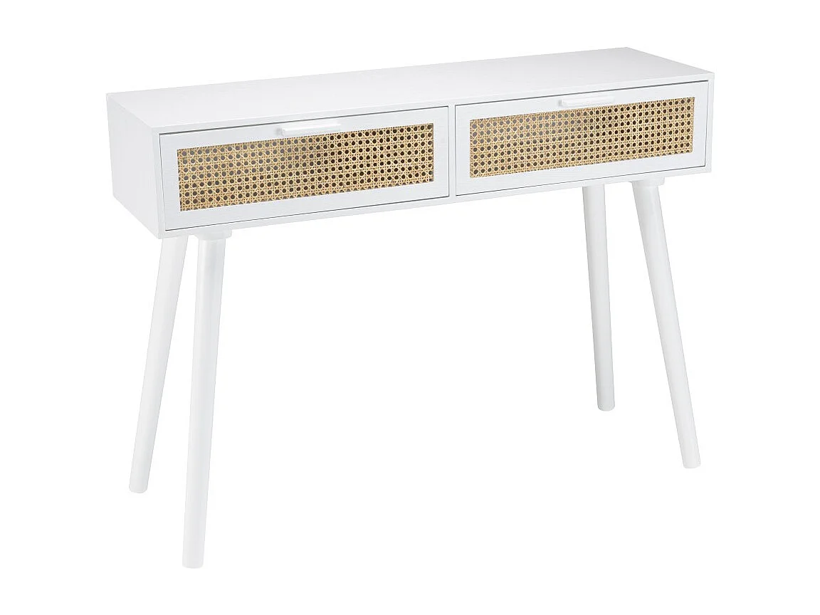 SANDRO - Console blanche 2 tiroirs cannage naturel et bois blanc