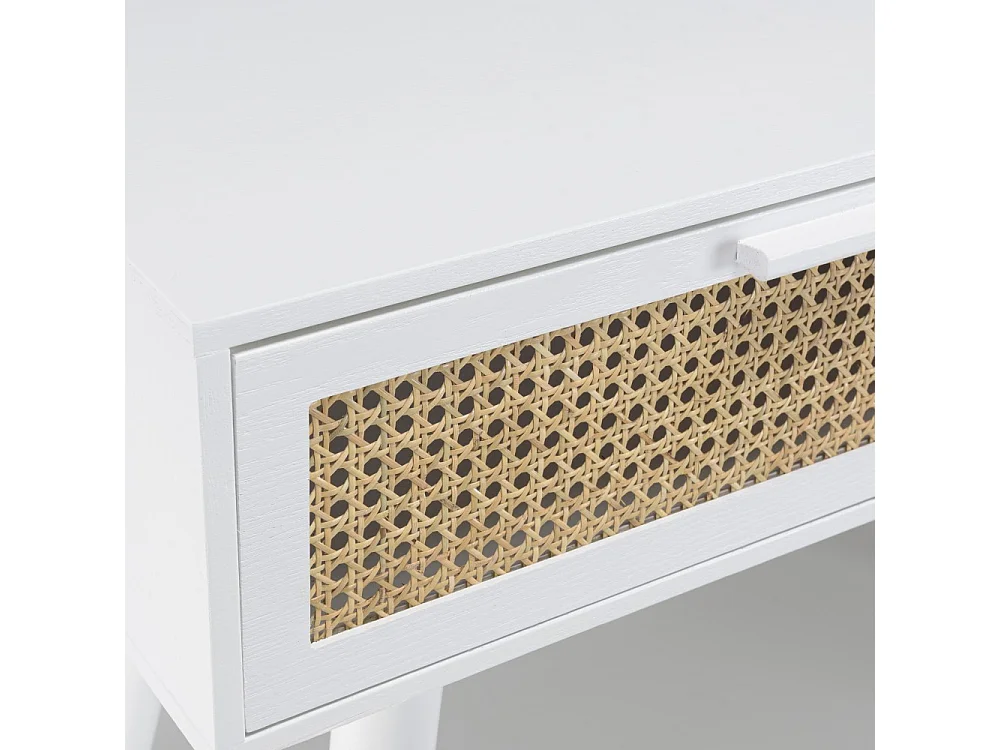 SANDRO - Console blanche 2 tiroirs cannage naturel et bois blanc