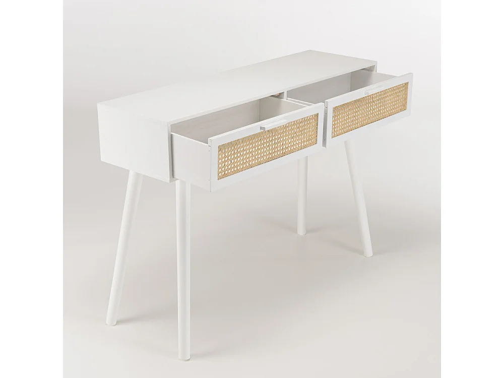 SANDRO - Console blanche 2 tiroirs cannage naturel et bois blanc