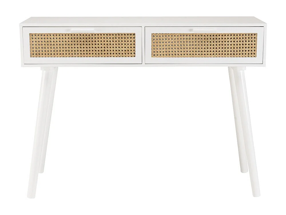 SANDRO - Console blanche 2 tiroirs cannage naturel et bois blanc