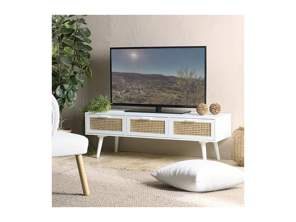 SANDRO - Meuble TV blanc 3 tiroirs cannage naturel et bois blanc