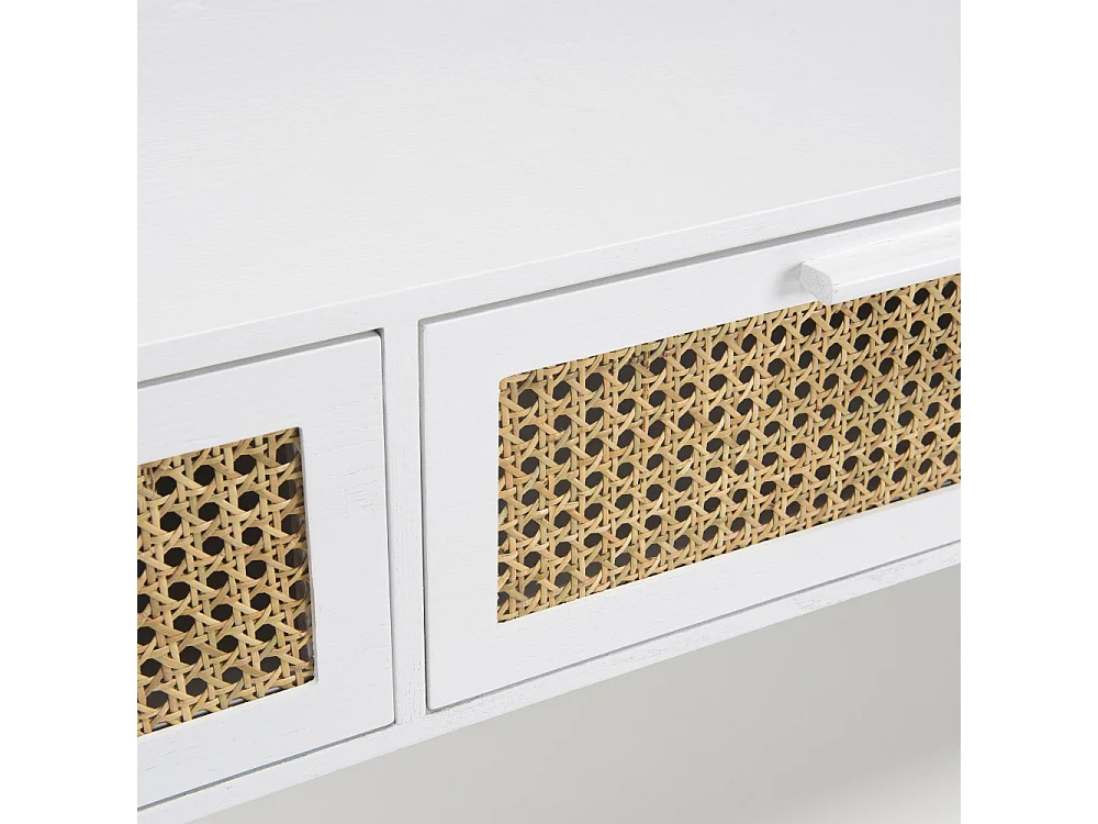 SANDRO - Meuble TV blanc 3 tiroirs cannage naturel et bois blanc