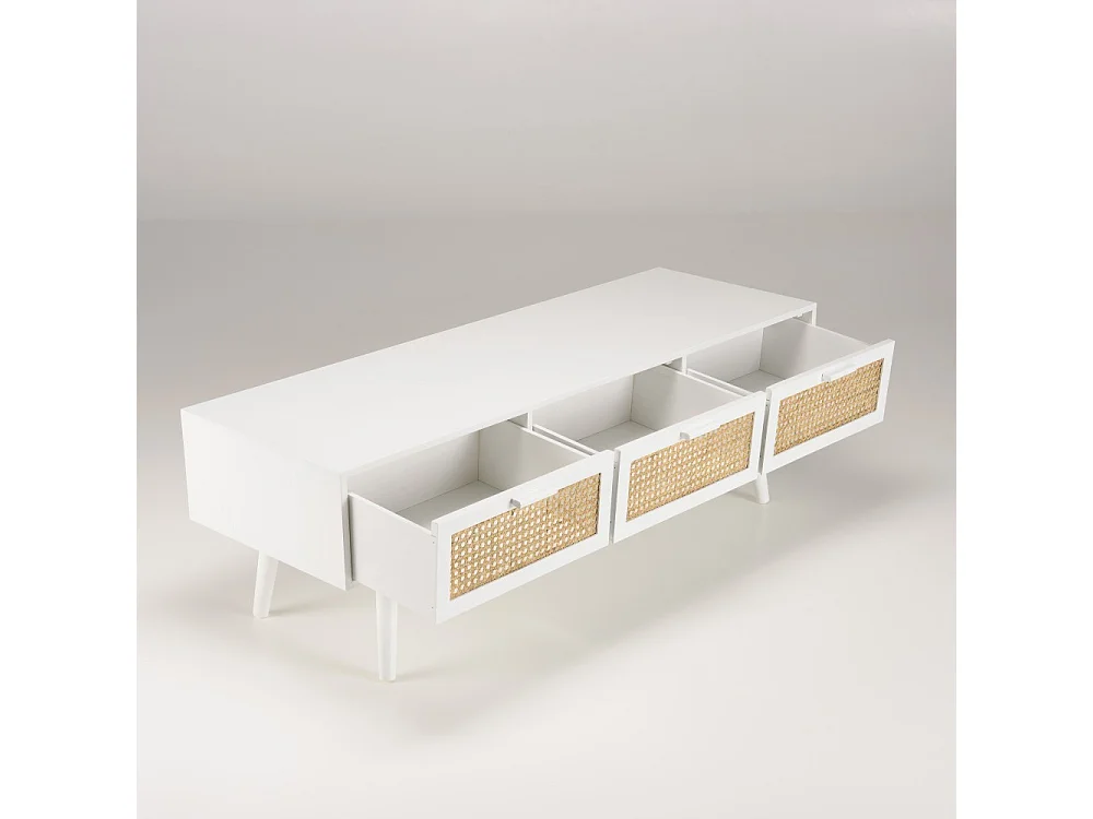 SANDRO - Meuble TV blanc 3 tiroirs cannage naturel et bois blanc