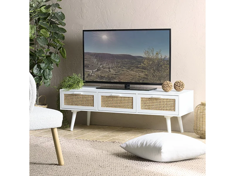 SANDRO - Meuble TV blanc 3 tiroirs cannage naturel et bois blanc
