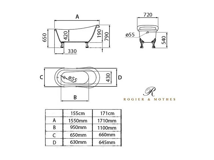 Bañera con patas RICHMOND  155 cm patas ÁGUILA CROMADAS