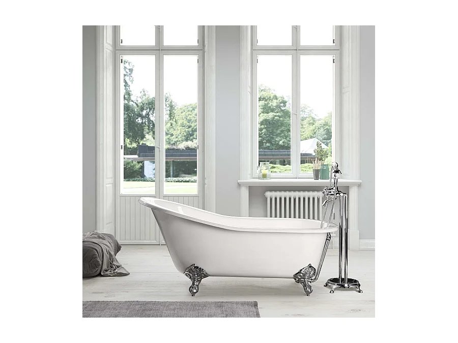 Baignoire sur pieds en fonte petite taille ASHFORD Blanche 146 cm Pieds chromés
