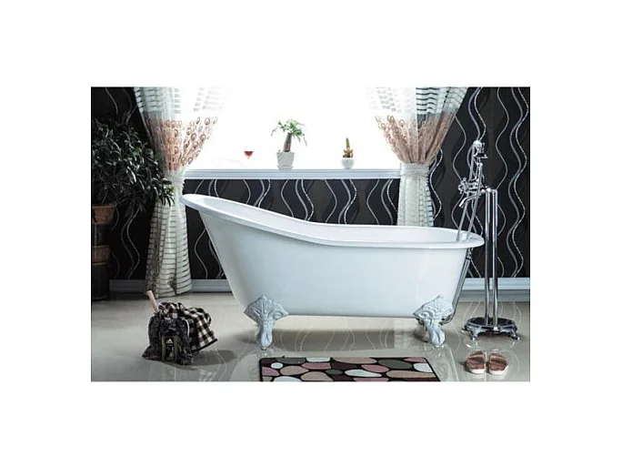Baignoire sur pieds en fonte petite taille ASHFORD Blanche 146 cm Pieds chromés