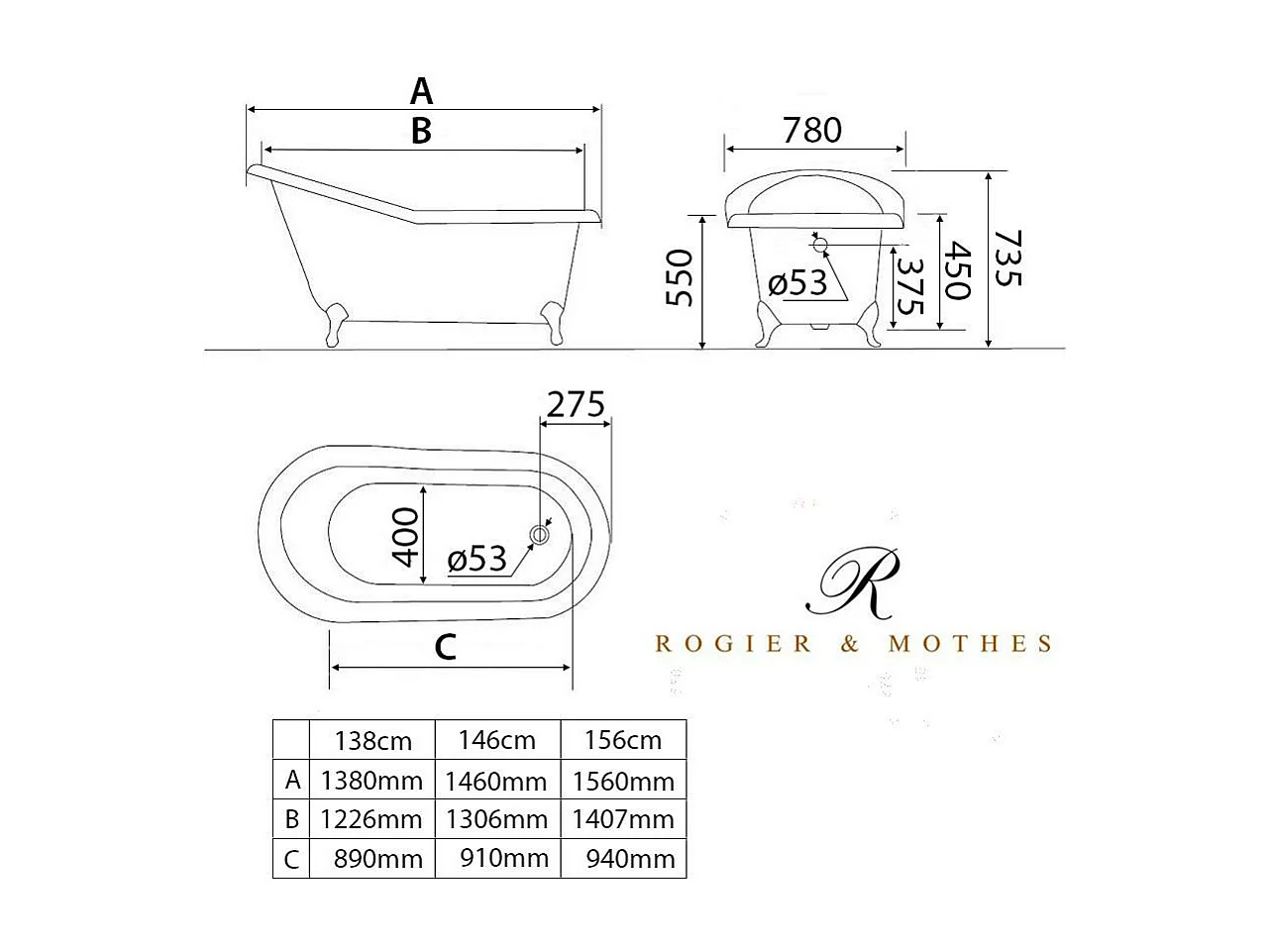 Baignoire sur pieds en fonte petite taille ASHFORD Blanche 146 cm Pieds chromés