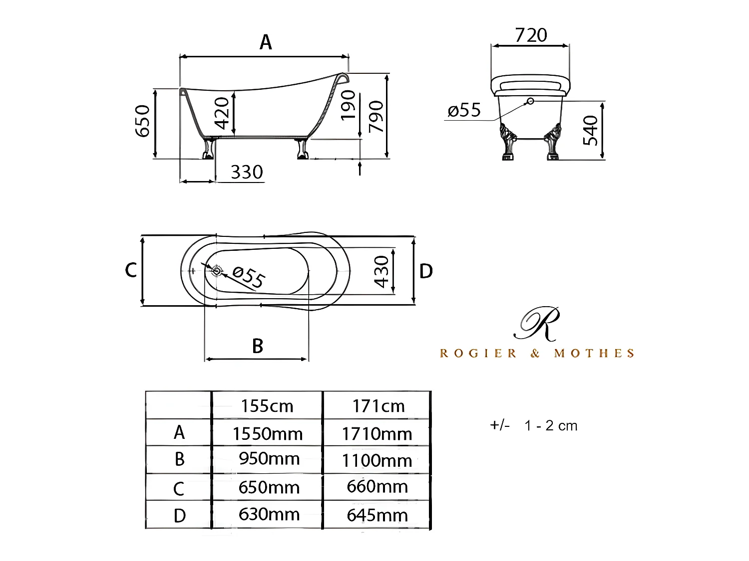 Bañera con patas RICHMOND  155 cm patas LEÓN CROMADAS