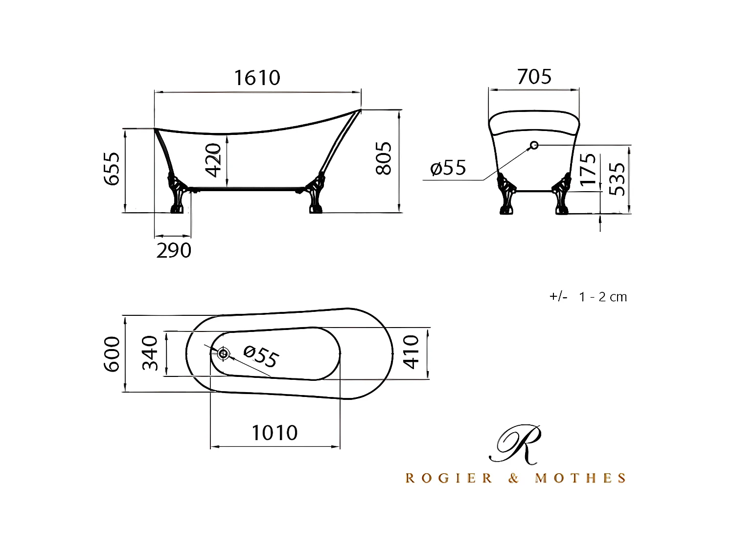 Freistehende Badewanne mit Füßen BALMAIN Adlerfüße CHROM 161 cm