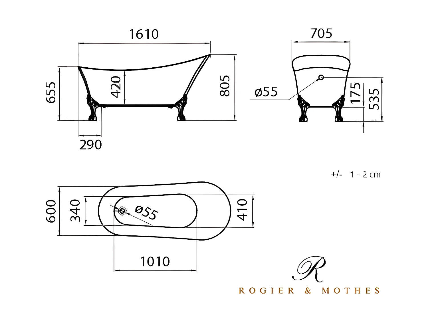 Freistehende Badewanne mit Füßen BALMAIN Adlerfüße CHROM 161 cm