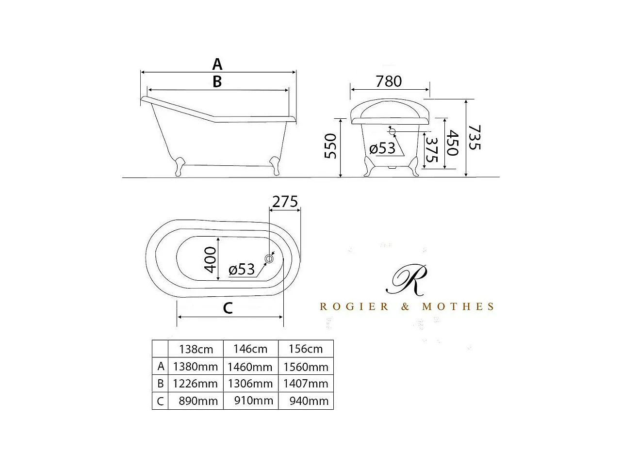 Freistehende Gusseisen Badewanne ASHFORD Füße CHROM 138 cm