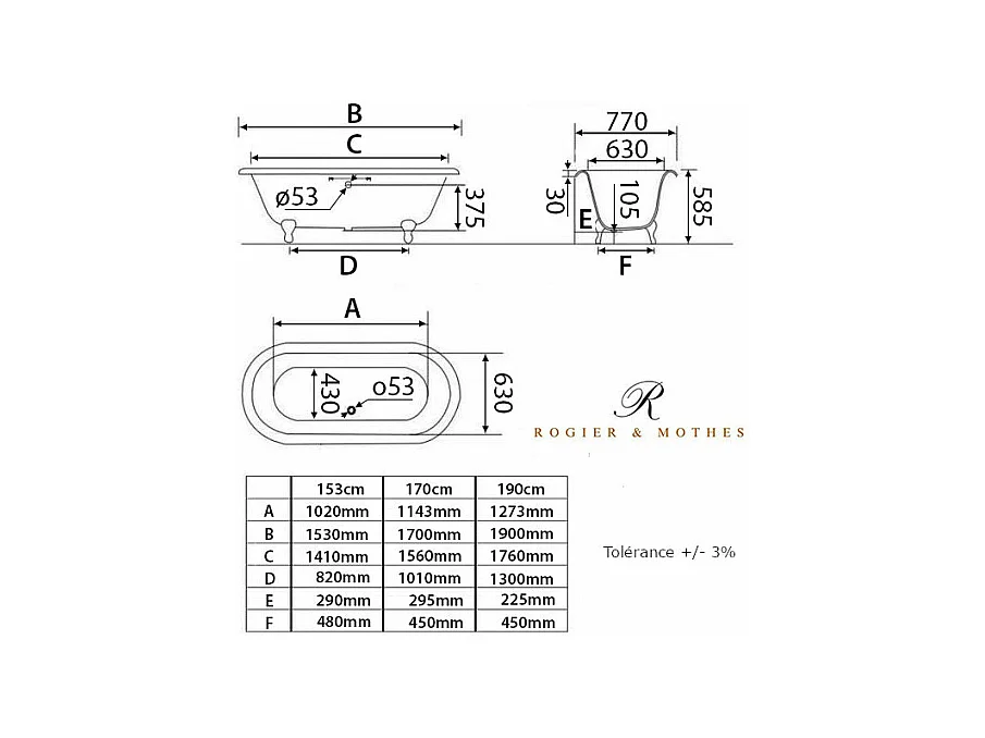 Baignoire sur pieds en fonte PLYMOUTH Grise 170 cm Pieds chromés