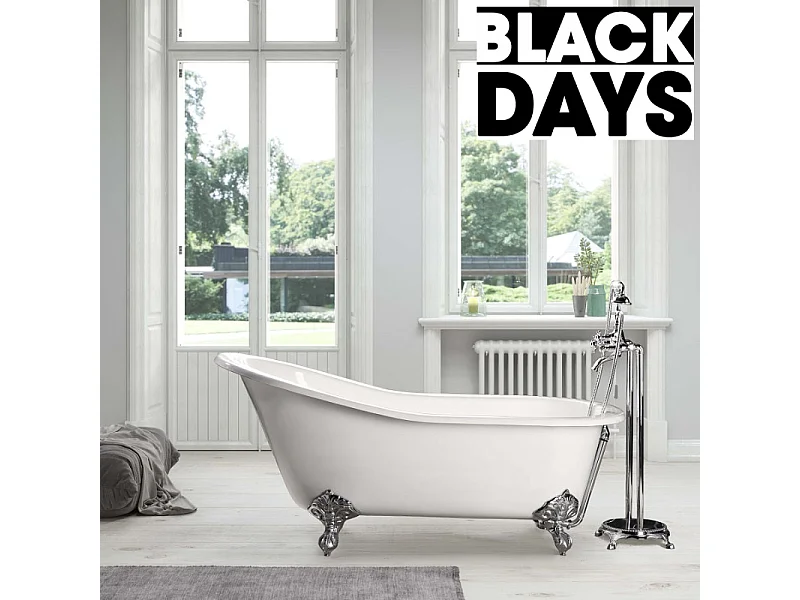 Baignoire sur pieds en fonte petite taille ASHFORD Blanche 156 cm Pieds chromés