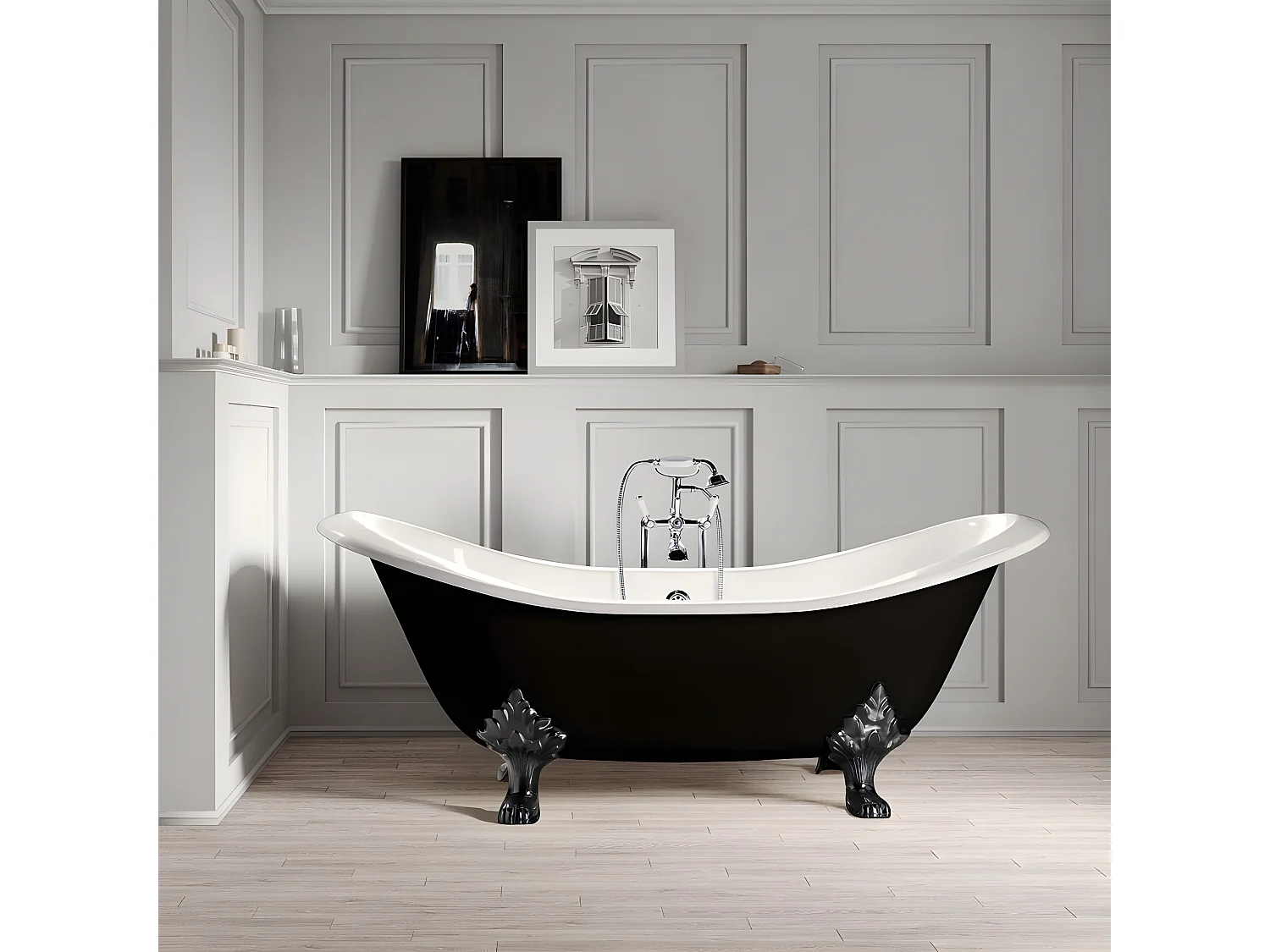 Freistehende Gusseisen Badewanne KINGSTON schwarz Füße CHROM 182 cm