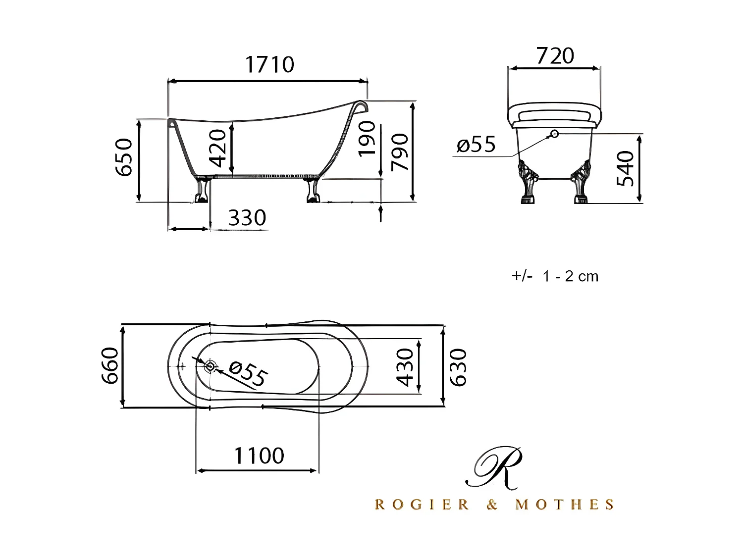 Bañera con patas RICHMOND NEGRA  171 cm patas LEÓN CROMADAS