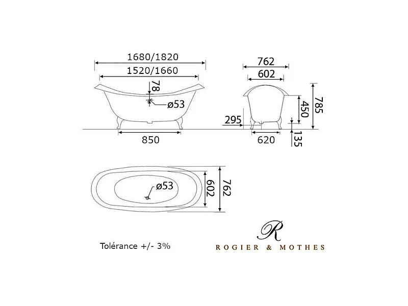 Baignoire sur pieds en fonte KINGSTON Blanche 182 cm Pieds chromés