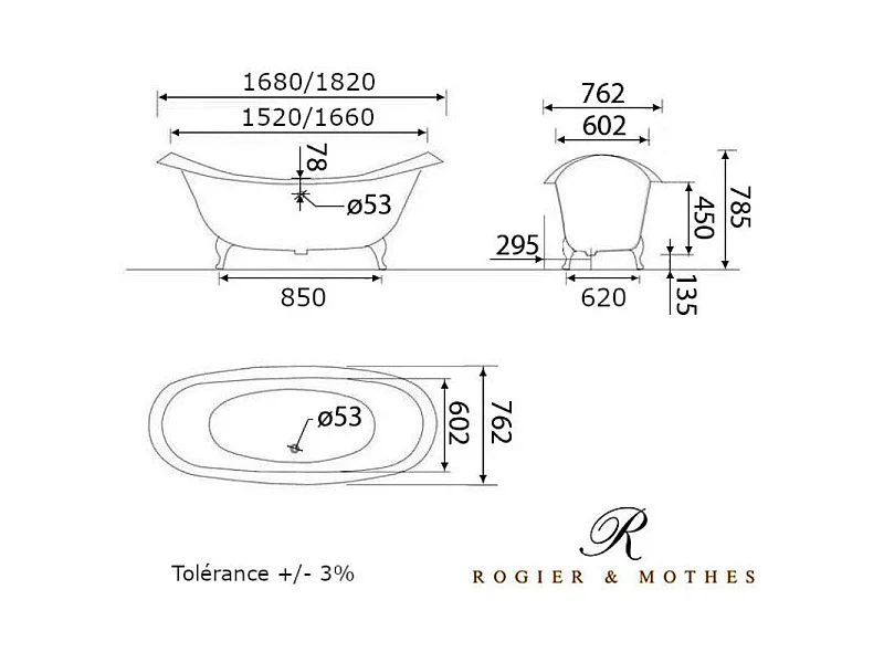 Baignoire sur pieds en fonte KINGSTON Blanche 182 cm Pieds chromés