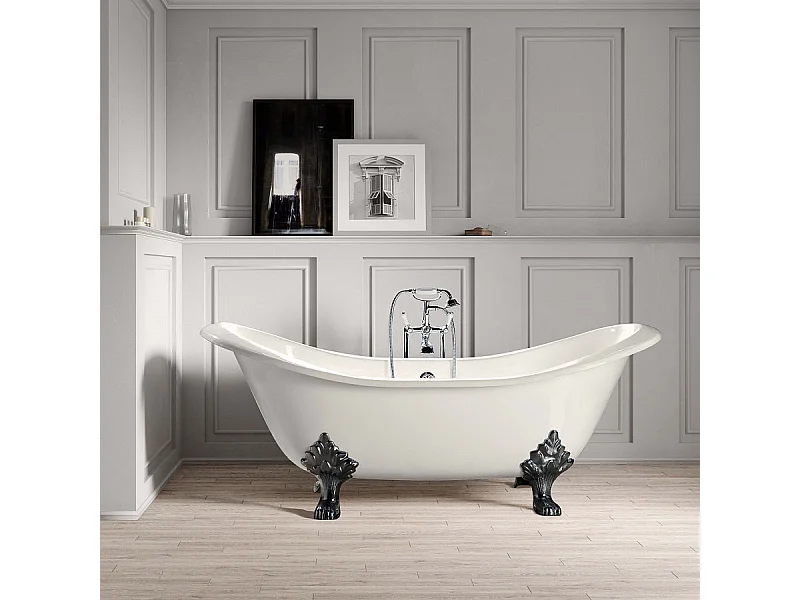 Freistehende Gusseisen Badewanne KINGSTON weiß Füße CHROM 182 cm