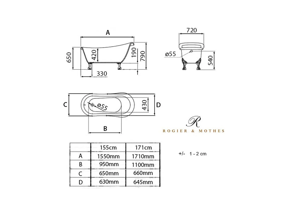 Baignoire ancienne rétro sur pieds RICHMOND Blanche 171 cm Pieds d'Aigle Chromés