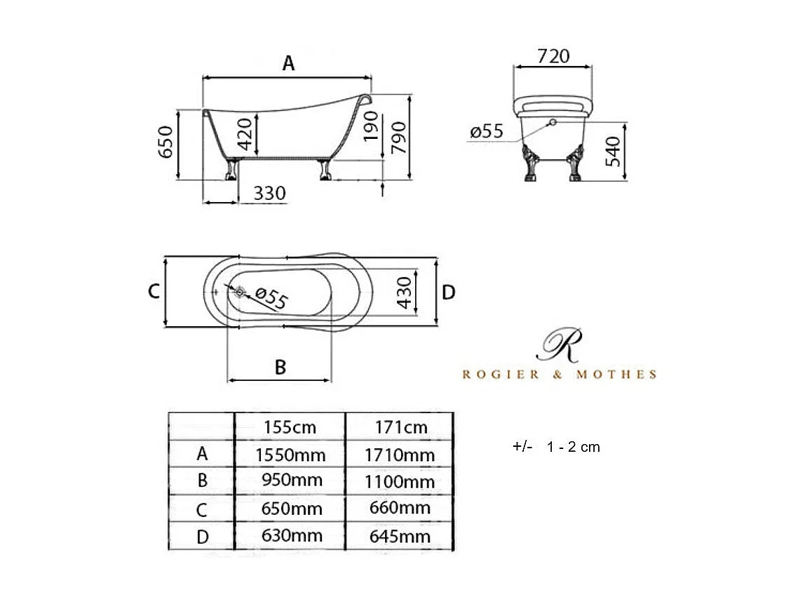 Bañera con patas RICHMOND  171 cm patas ÁGUILA CROMADAS