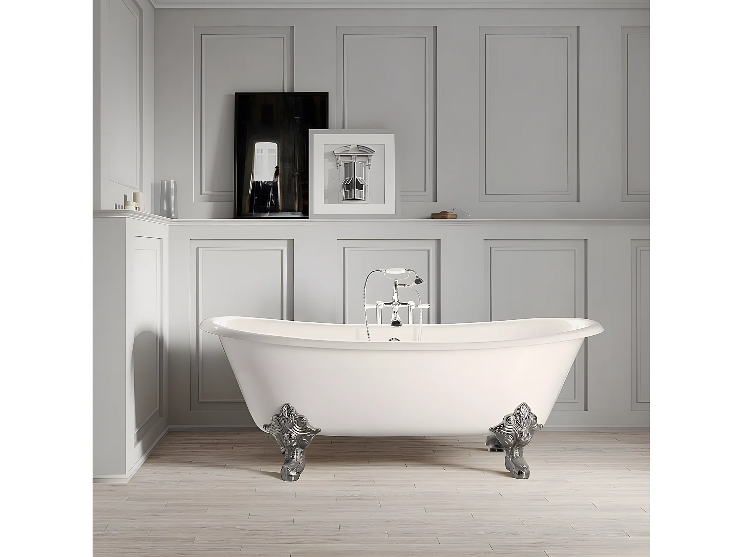 Freistehende Gusseisen Badewanne BRADFORD weiß Füße CHROM 180 cm