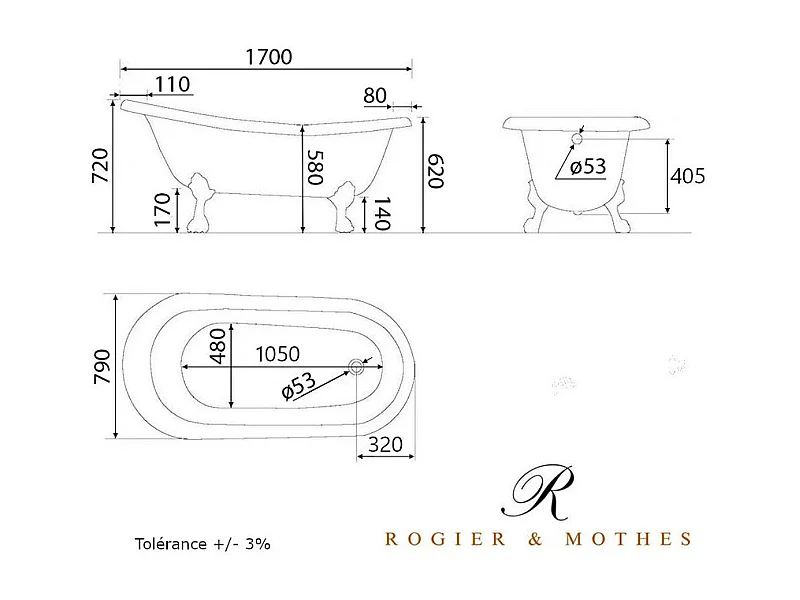Baignoire sur pieds en fonte LIVINGSTON Noire 170 cm Pieds chromés