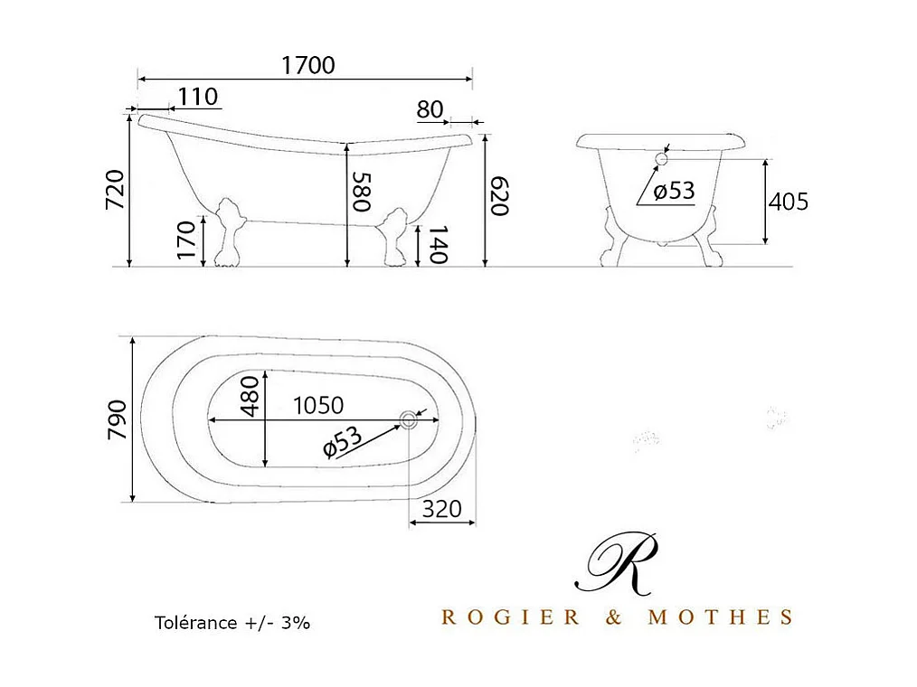 Bañera de Hierro LIVINGSTON negra  170 cm Patas CROMADAS