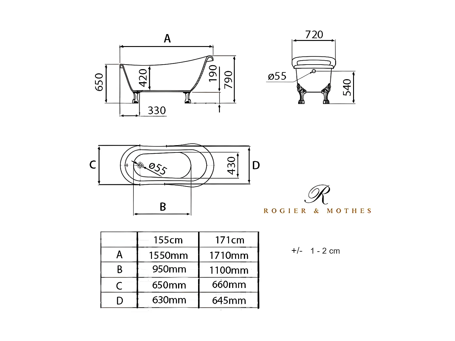 Freistehende Badewanne mit Füßen RICHMOND Löwenfüße CHROM 171 cm