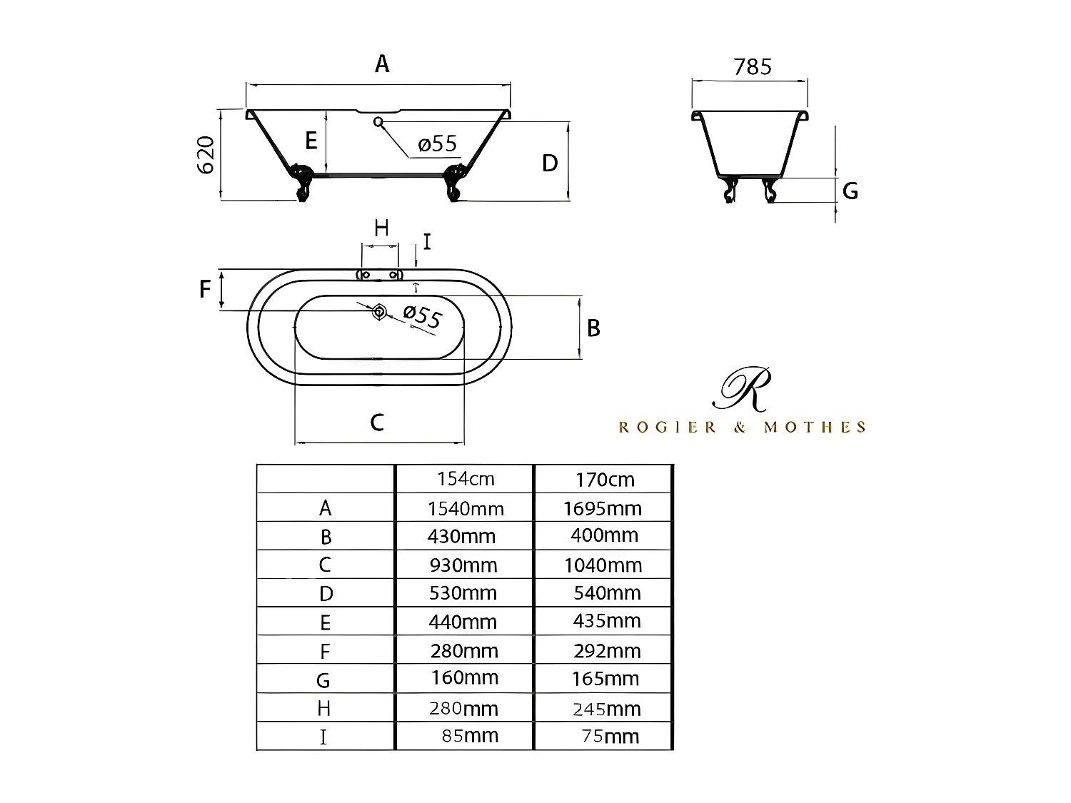 Vasca da bagno freestanding stile classico con piedini CHELSEA Bianca 154 cm Piedini di aquila Cromati