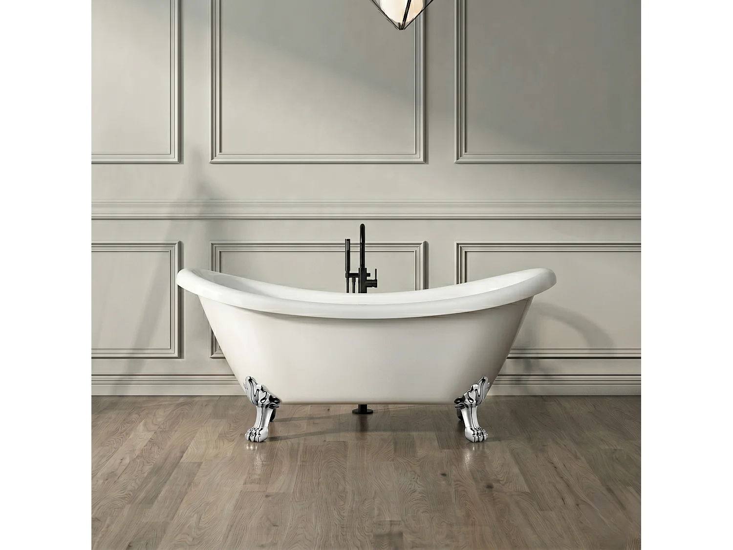 Baignoire sur pieds rétro DARLINGTON Blanche 175 cm Pieds de Lion Chromés