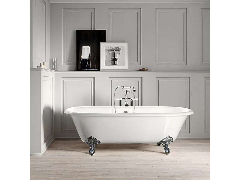 Freistehende Gusseisen Badewanne PLYMOUTH weiß Füße CHROM 153 cm