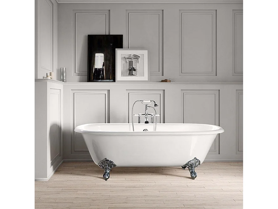 Baignoire sur pieds rétro en fonte PLYMOUTH Blanche 153 cm Pieds chromés