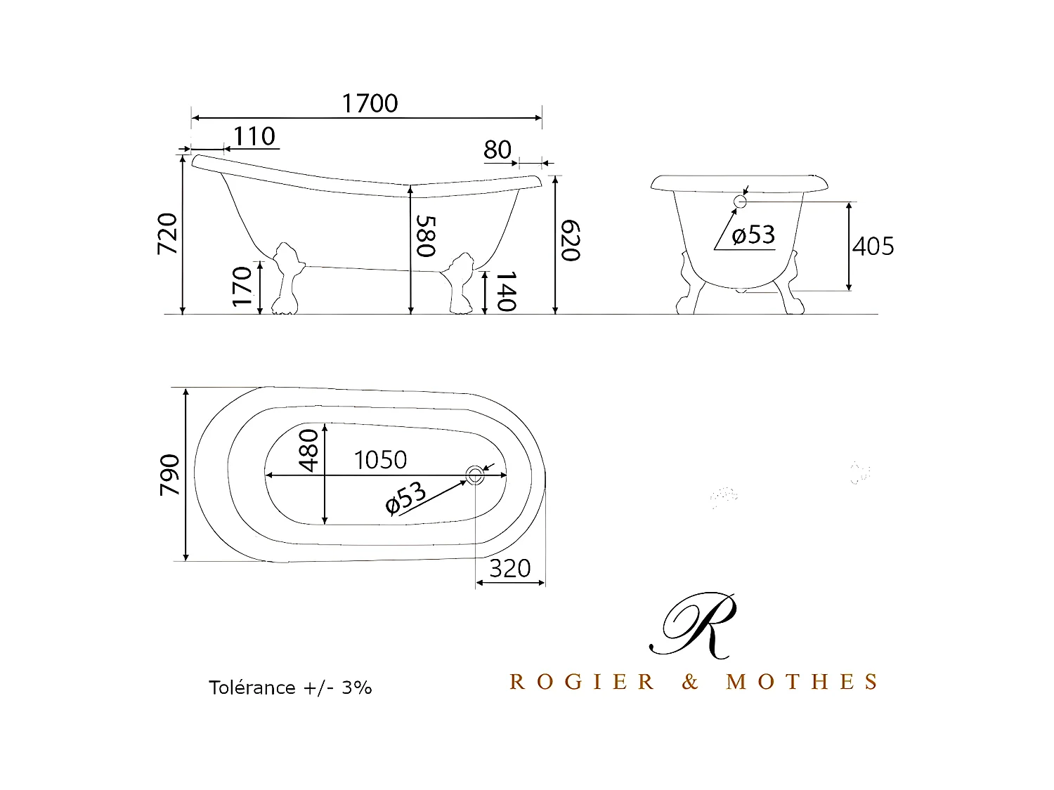 Bañera de Hierro LIVINGSTON blanca  170 cm Patas CROMADAS