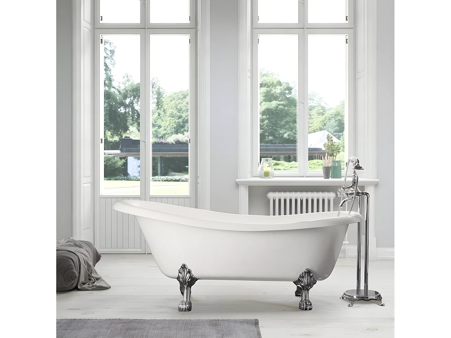 Freistehende Gusseisen Badewanne LIVINGSTON weiß Füße CHROM 170 cm