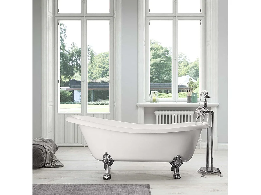 Freistehende Gusseisen Badewanne LIVINGSTON weiß Füße CHROM 170 cm