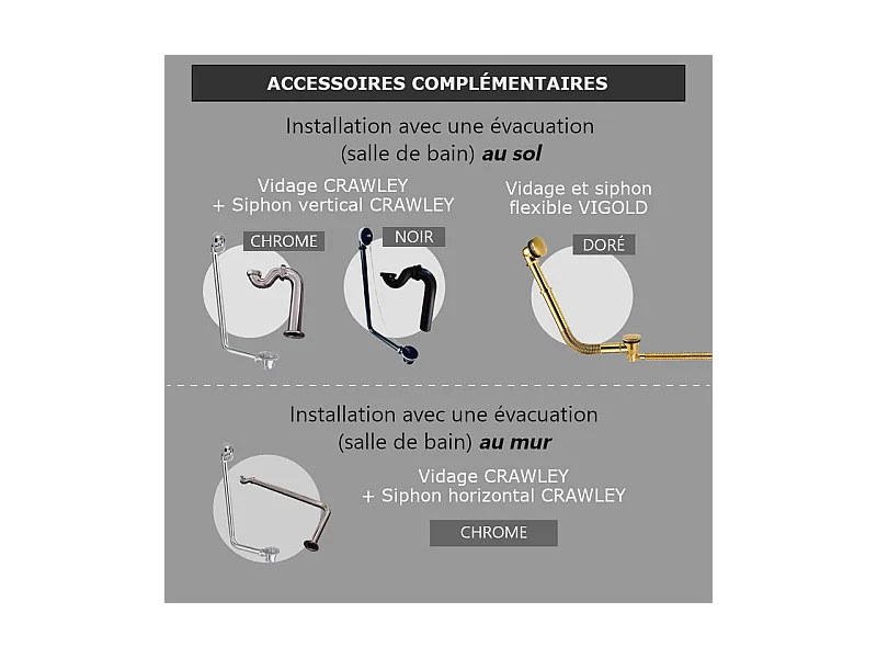 Baignoire sur pieds en fonte PLYMOUTH Grise 190 cm Pieds chromés