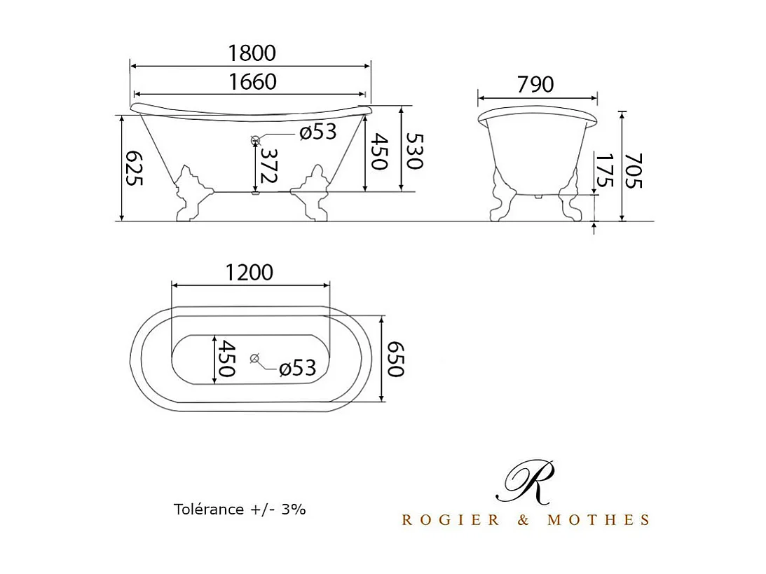 Baignoire sur pieds en fonte BRADFORD Noire 180 cm Pieds chromés